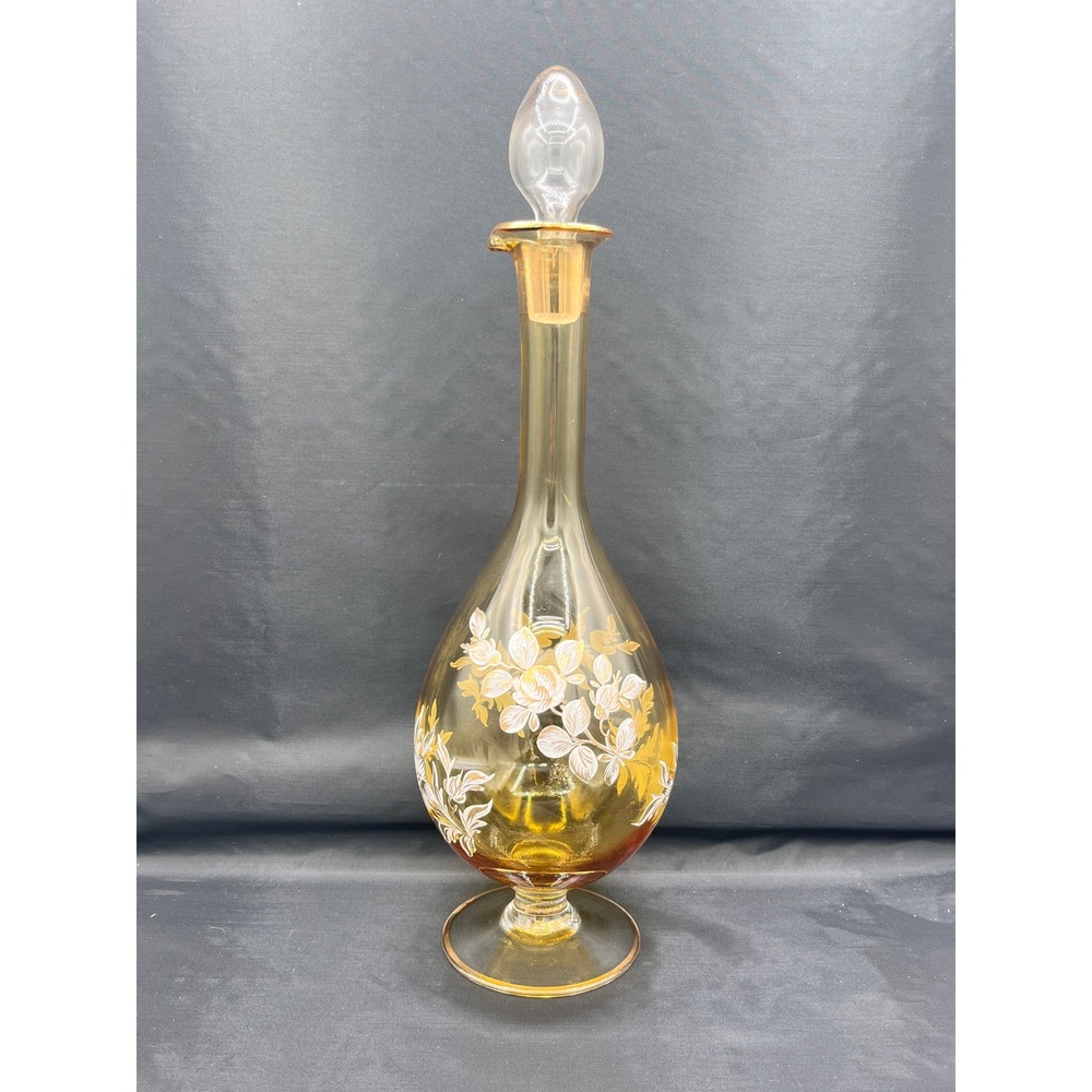 Vtg Amber Glass Decanter Floral Hand‎ Painted Barware Carafe 13.5" w/ Stopper